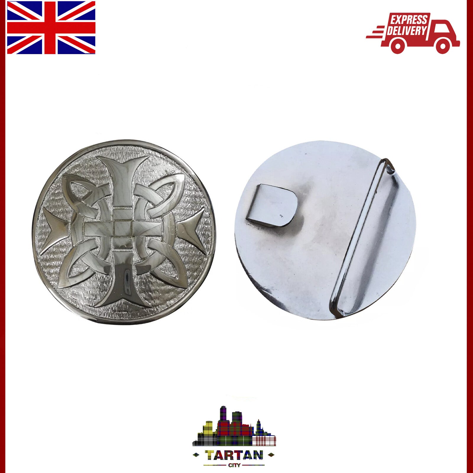 Celtic Cross Kilt Belt Buckle – 3" Brass/Chrome Antique Finish – Highlands Acces