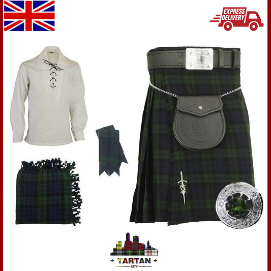 Men's TC Scottish BlackWatch Tartan 8 Yards 16Oz Kilt Set Outfit 9pcs/Pin Brooch