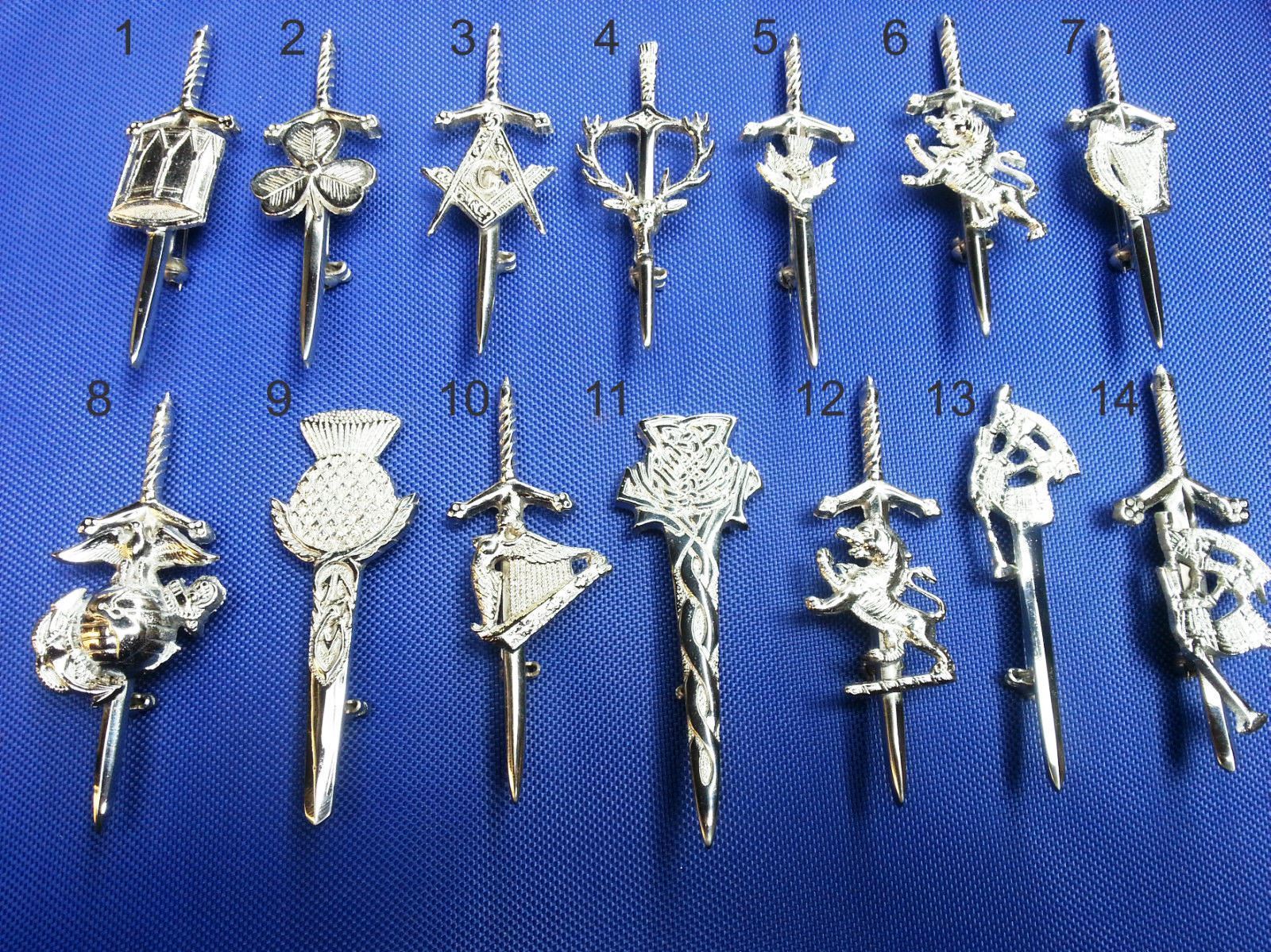 TC Scottish Kit Pin Various Design Silver Finish 4" Highland Celtic pin Brooch