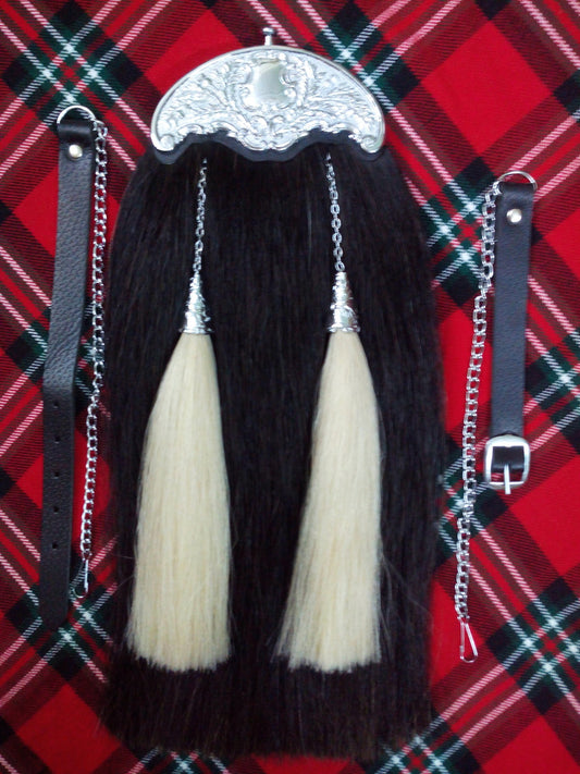 Black Horse Hair Sporran with Celtic Cantle – Full Dress Kilt Sporran + Belt