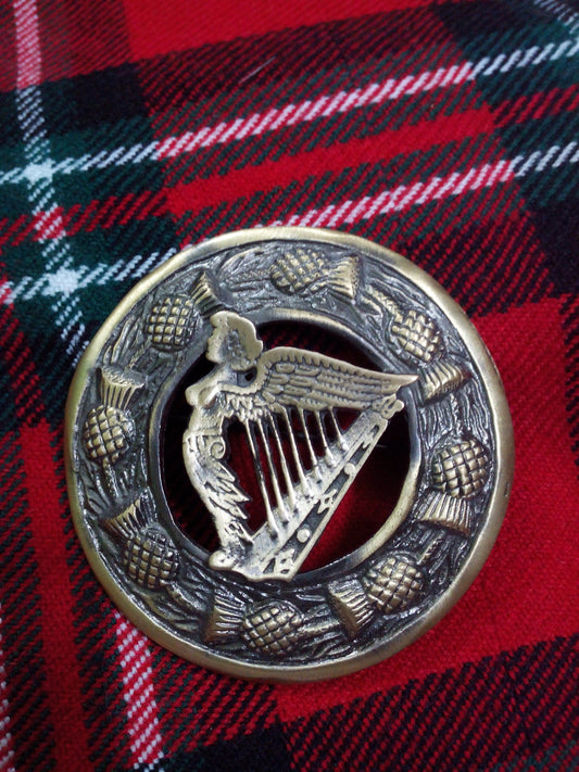 TC Irish Harp Fly Plaid Brooch Antique Finish 3"/Kilt Celtic