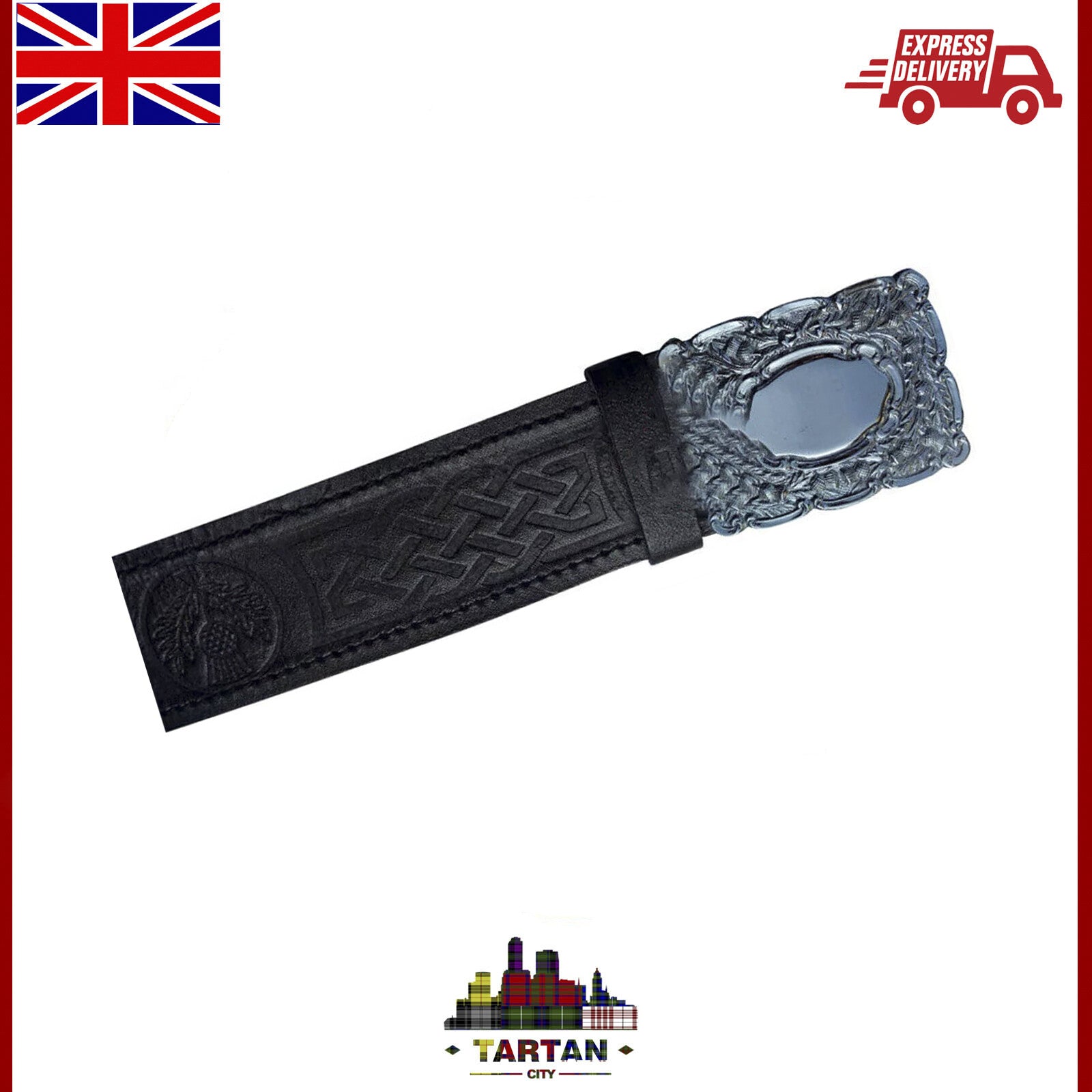 "Thistle Embossed Black Leather Kilt Belt with Piper Buckle - New"