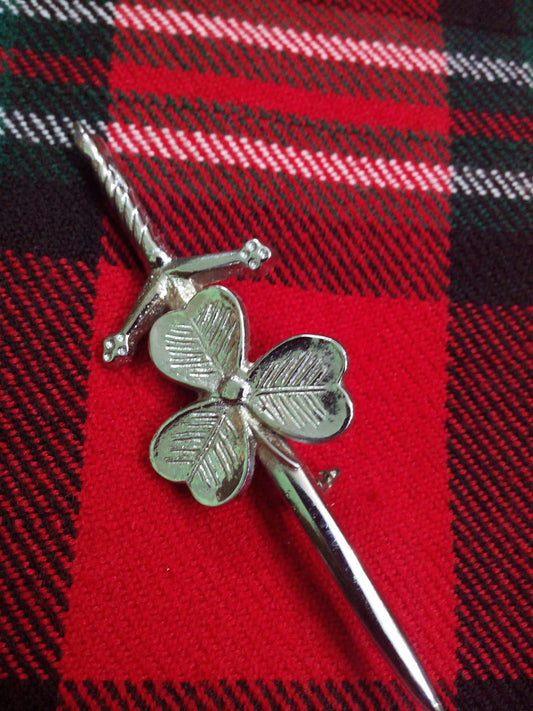 T C Irish Shamrock Kilt PIN Chrome Finish/irish shamrock kilt pin/kilt