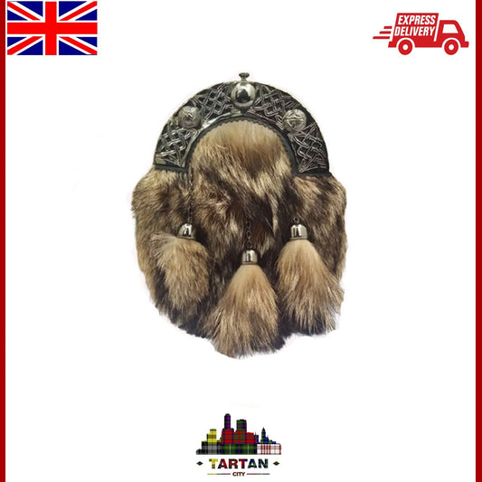 Full Dress TC Scottish Kilt Sporran - Celtic Cantle, Chrome Finish & Fur