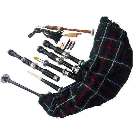 SCOTTISH GREAT HIGHLAND BAGPIPE ROSEWOOD BLACK COLOR SILVER PLAIN MOUNTS