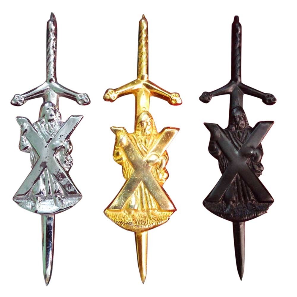 St Andrew Sword Kilt Pin – Chrome, Black, Gold, Antique Finish Highland Wear