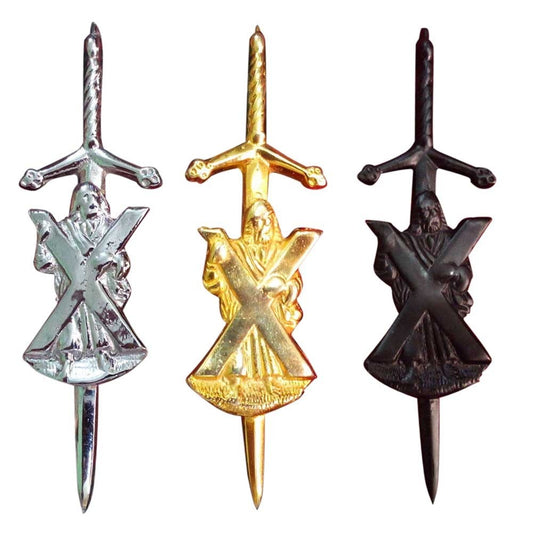 St Andrew Sword Kilt Pin – Chrome, Black, Gold, Antique Finish Highland Wear