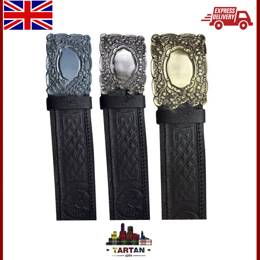 "Thistle Embossed Black Leather Kilt Belt with Piper Buckle - New"