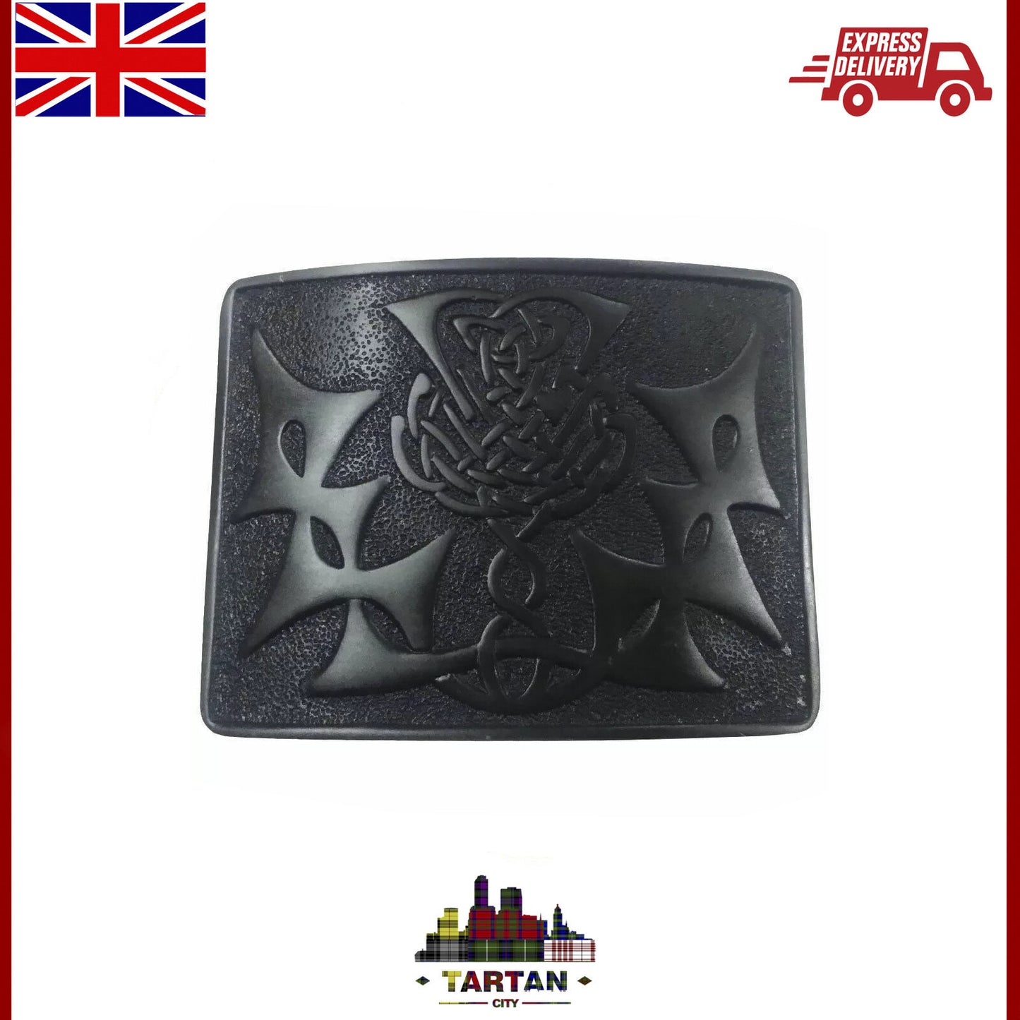 Antique Chrome & Jet Black Celtic Knot Scottish Kilt Buckle by Tartancity
