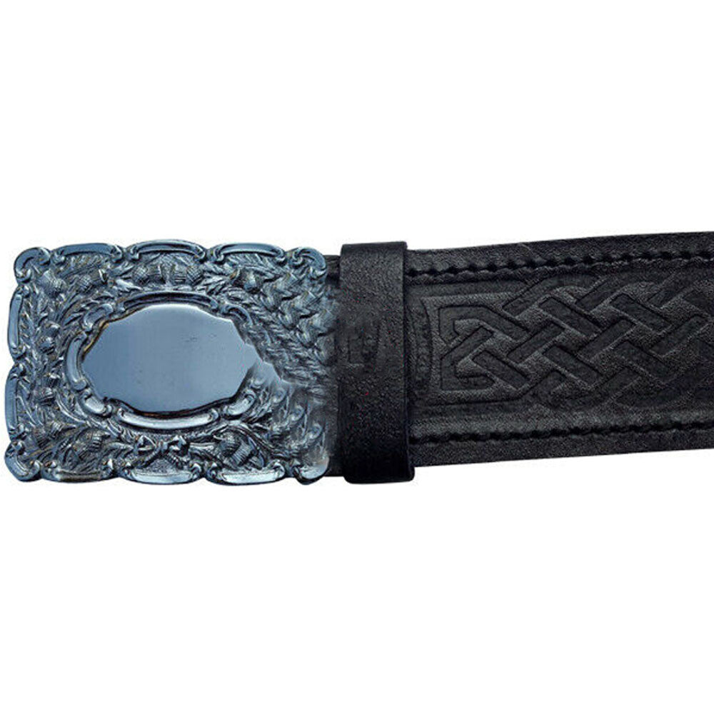 New Scottish Kilt Belt Leather Thistle Embossed Black Piper Belts Buckles-TC