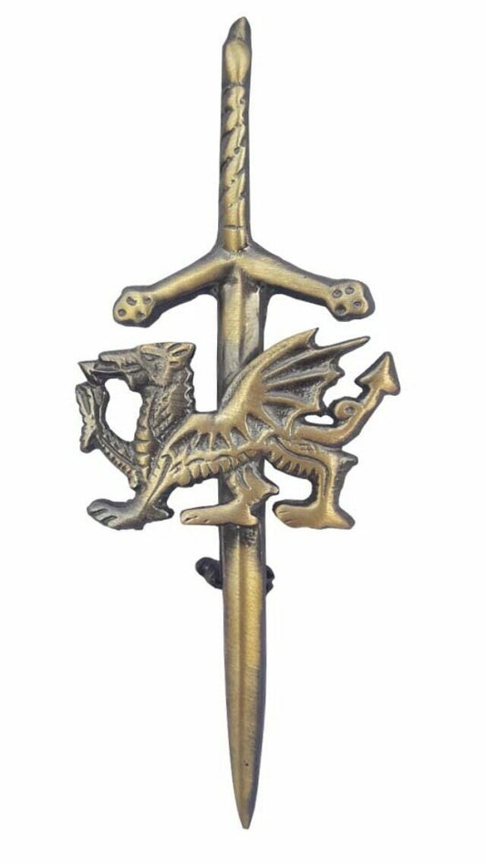 TC Antique Plated Kilt Pin Welsh Dragon Badge 4" Brass Unisex Adult Hoses