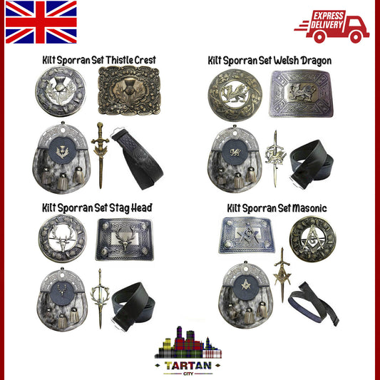 Tartancity Kilt Accessory Set - Sporran, Buckle, Brooch & Pins for Full Outfit