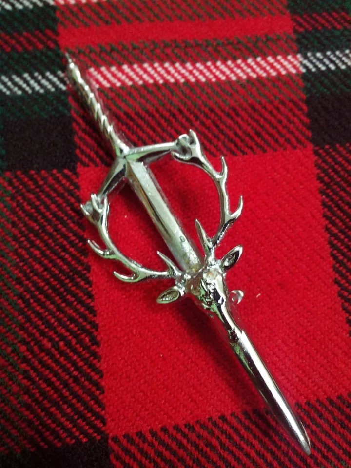 Scottish Stag Head Kilt Pin – 4" Length Antique, Black & Chrome Finish Options