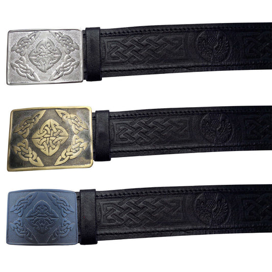 TC 100% Real Black Leather Kilt Belt Thistle Embossed Swirl Celtic Kilts Buckle