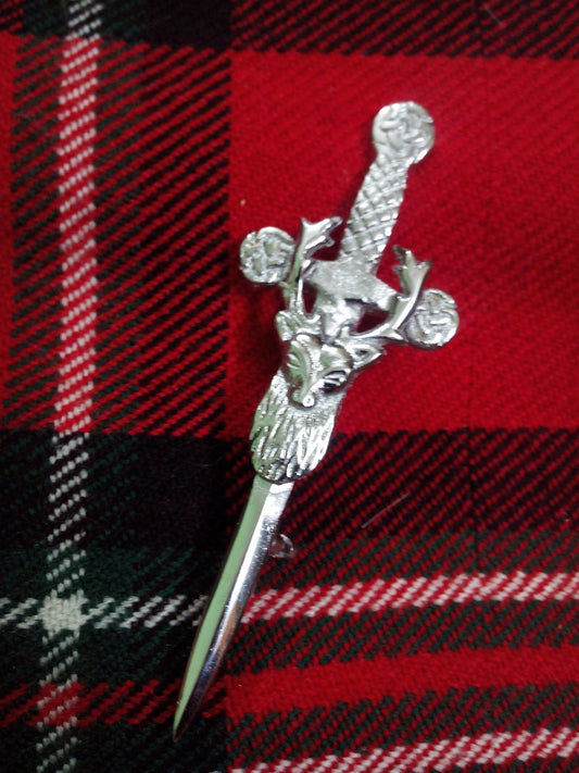 TC Celtic Kilt Pin Chrome Finish 4"/Highland kilt pin Stag Head Silver finish