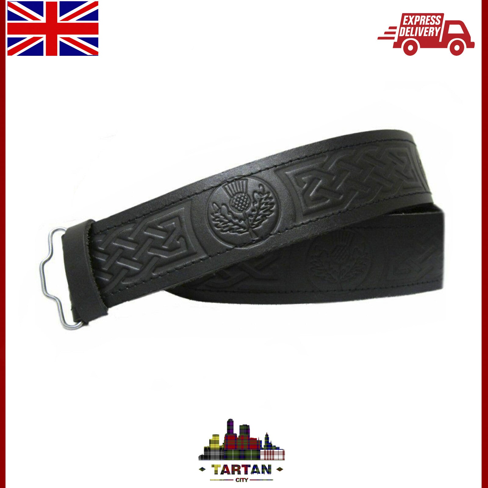 " TC en Relief Cuir Noir Ceinture Kilt - Celtique/Chardon/Maçonnique "