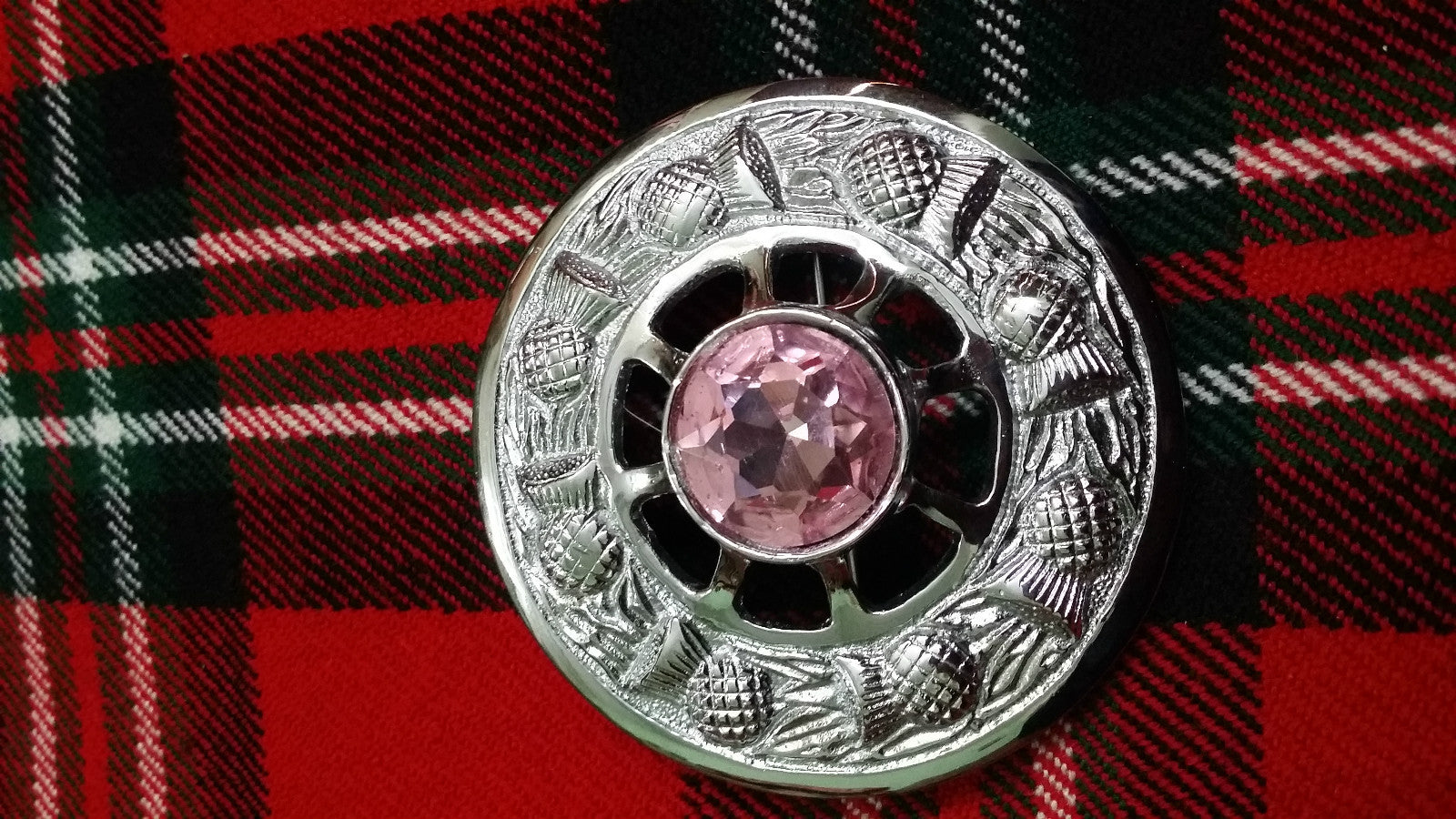 TC Celtic Fly Plaid Brooch Chrome Finish Pink Stone 3"/Scottish Thistle Brooches