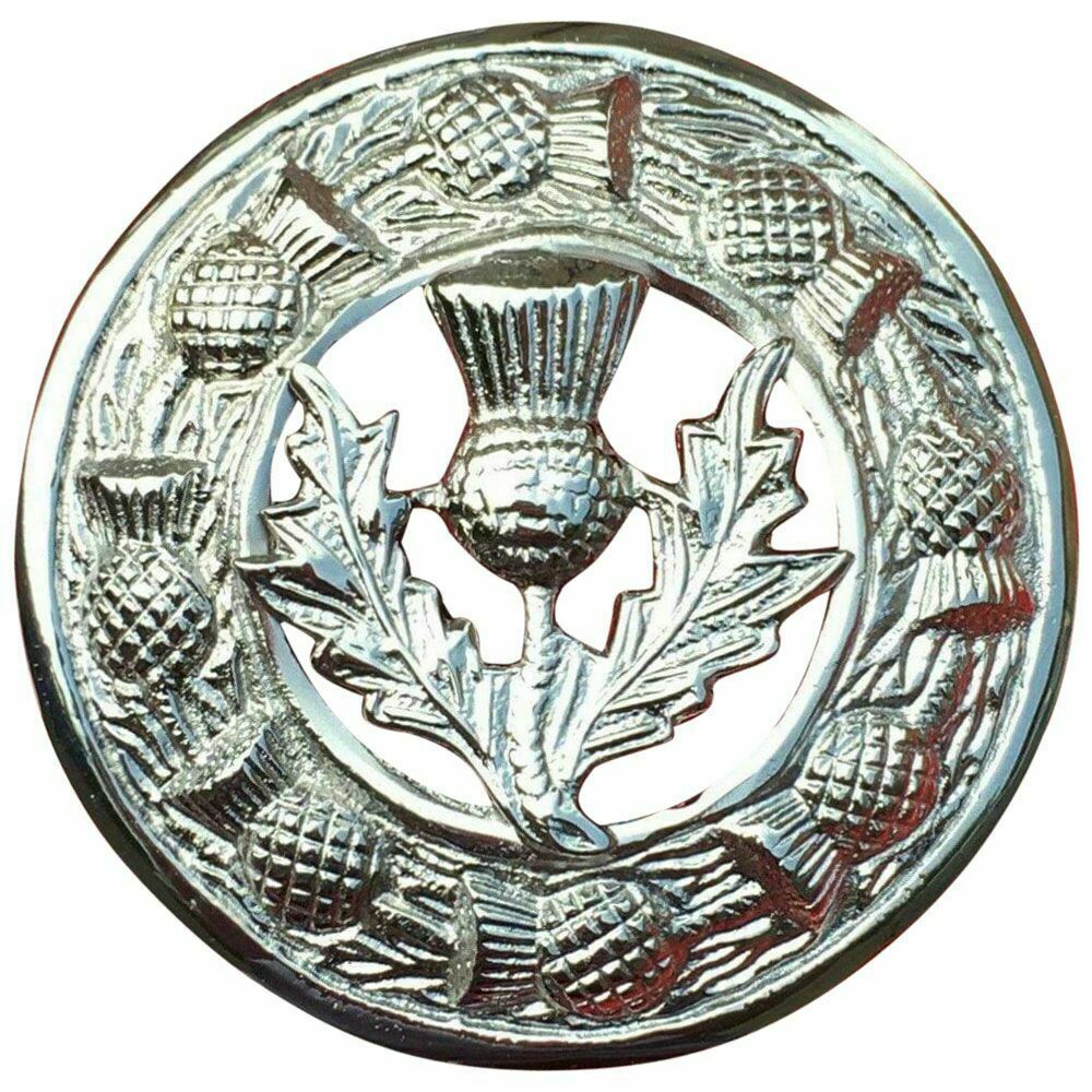 Kilt Fly Plaid Brooch Thistle Crest Chrome Finish 3"/Scottish Brooches