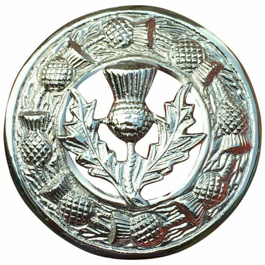 Kilt Fly Plaid Brooch Thistle Crest Chrome Finish 3"/Scottish Brooches