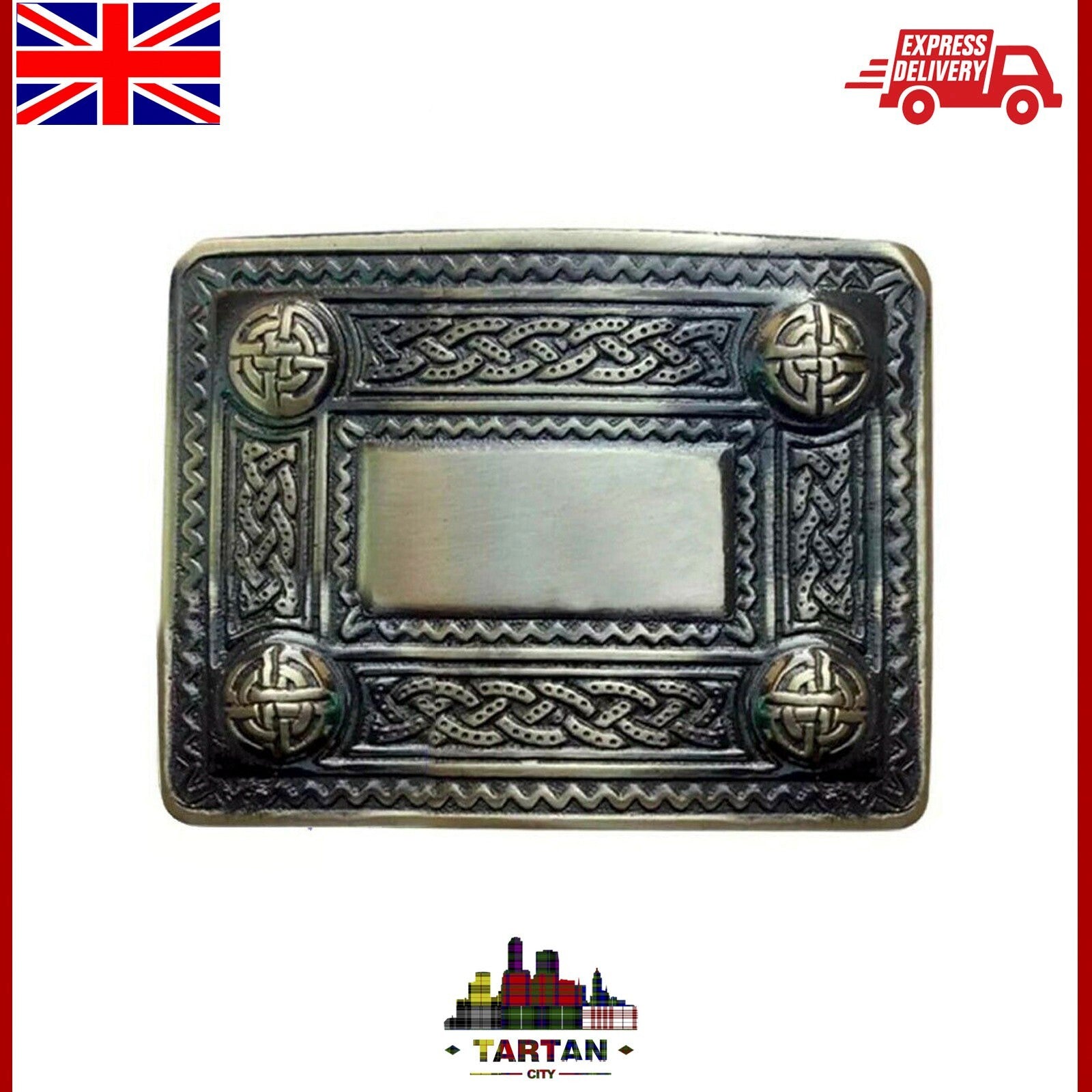 Scottish Kilt Buckle Belt by Tartancity – 4 Dome Mirror Design in Antique/Chrome
