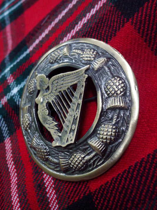 TC Irish Harp Fly Plaid Brooch Antique Finish 3"/Kilt Celtic