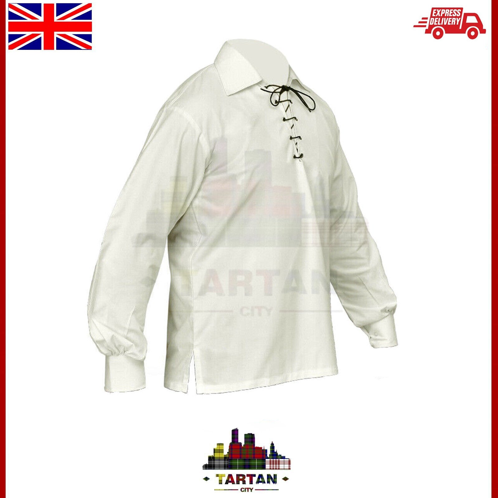 TC Men Traditional Highland Ghillie Shirt Scottish Jacobite Kilt Shirts Cream