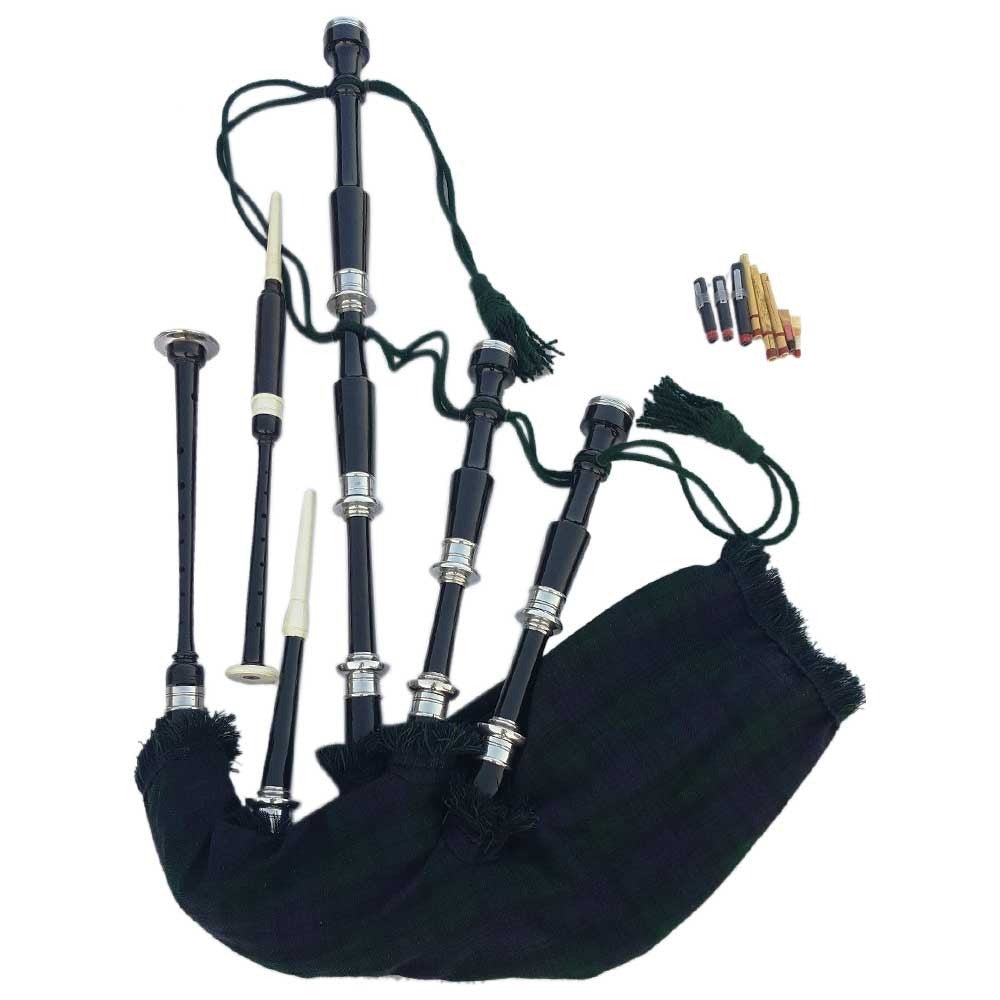 Scottish Great Highland Bagpipes Rosewood Metal Silver Mounts Free Accessories