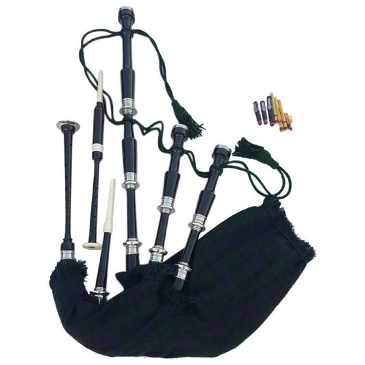 Scottish Great Highland Bagpipes Rosewood Metal Silver Mounts Free Accessories