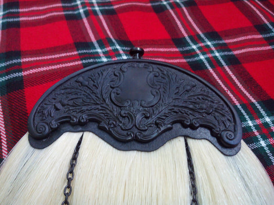 TC Men's Kilt Sporran White Horse Hair Celtic Thistle Cantle Jet Black Finish