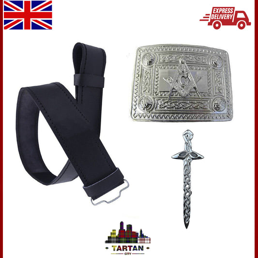 Masonic Kilt Belt Set – Leather Belt, Chrome Celtic Buckle & 4″ Kilt Pin