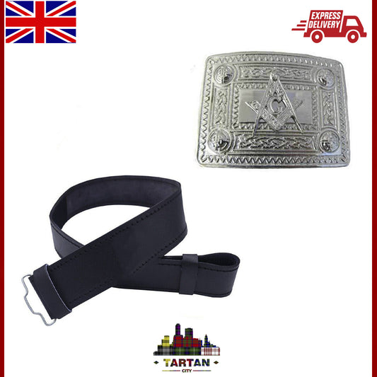 Masonic Kilt Belt Set – Leather Belt, Chrome Celtic Buckle & 4″ Kilt Pin