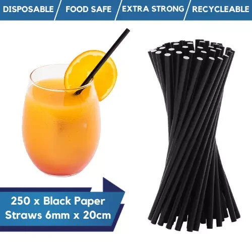 250 Black 8" Paper Straws - Biodegradable Disposable Drinking Straws Bars, Pubs