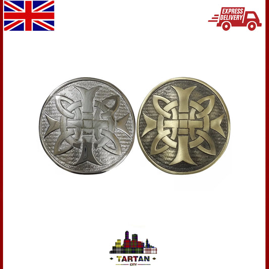 Celtic Cross Kilt Belt Buckle – 3" Brass/Chrome Antique Finish – Highlands Acces