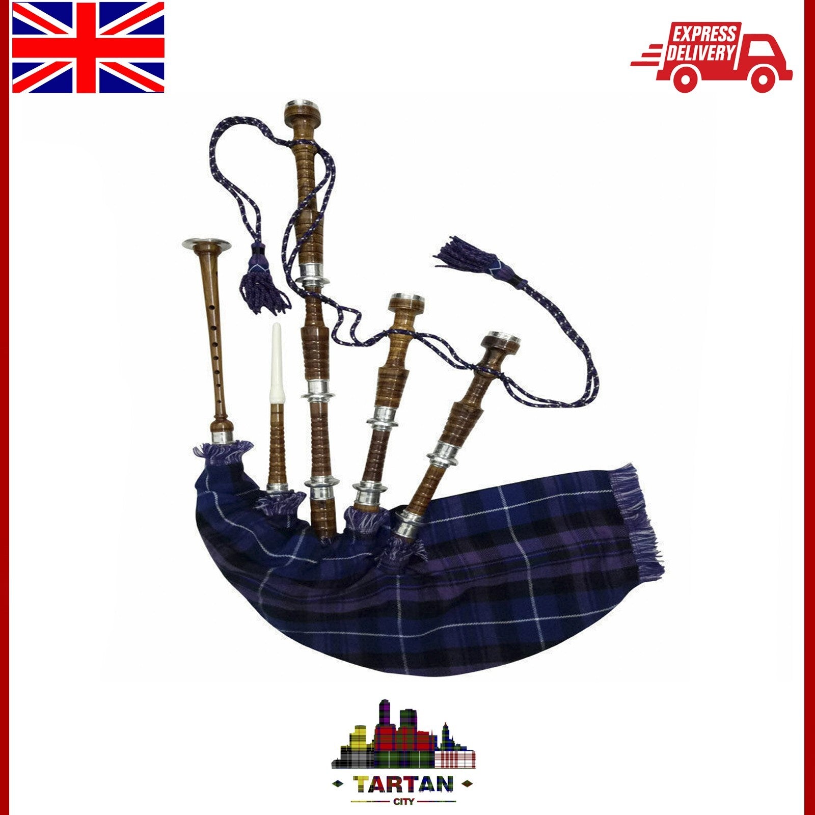 Scottish Highland Bagpipe - Natural Rosewood Silver Mounts Tartan Cover Free Bag