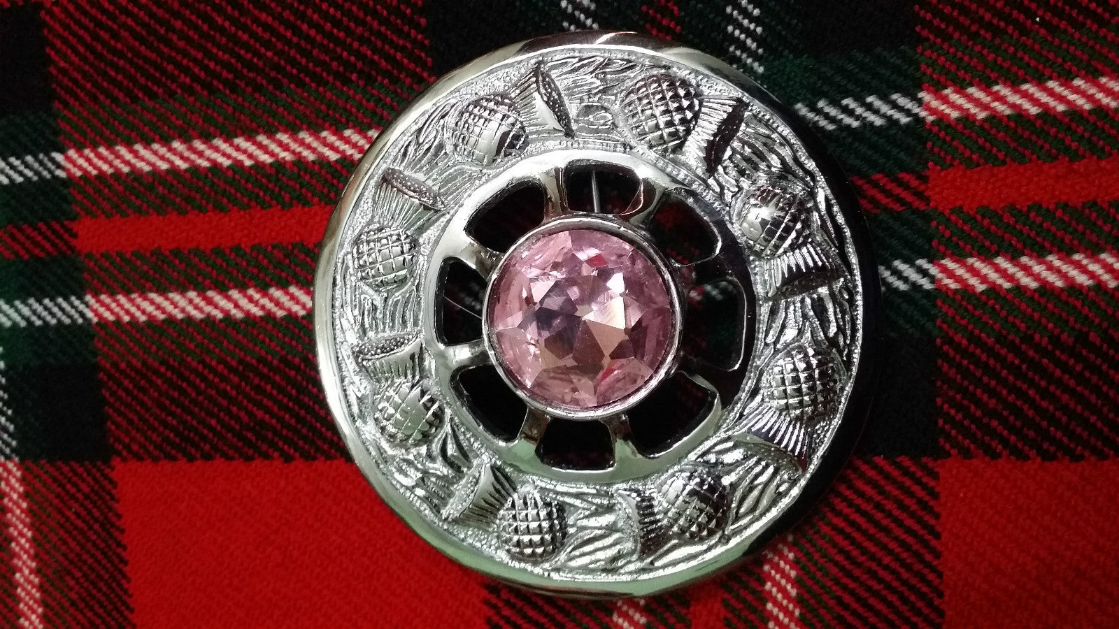 TC Celtic Fly Plaid Brooch Chrome Finish Pink Stone 3"/Scottish Thistle Brooches