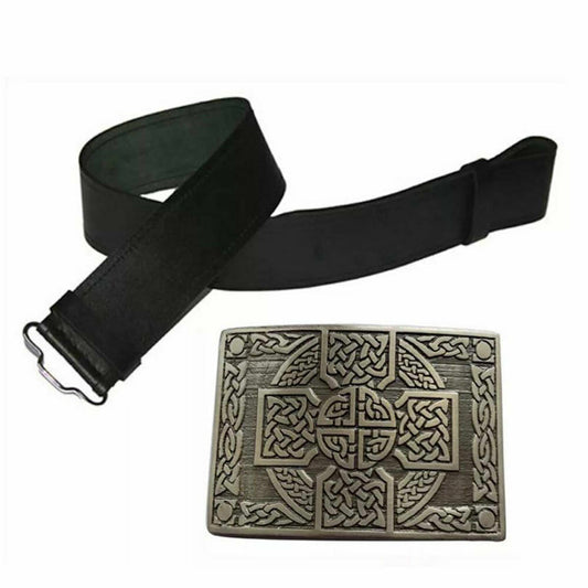 TC Leather Black Plain Kilt Belt Scottish Highland & Antique Celtic Knot Buckle