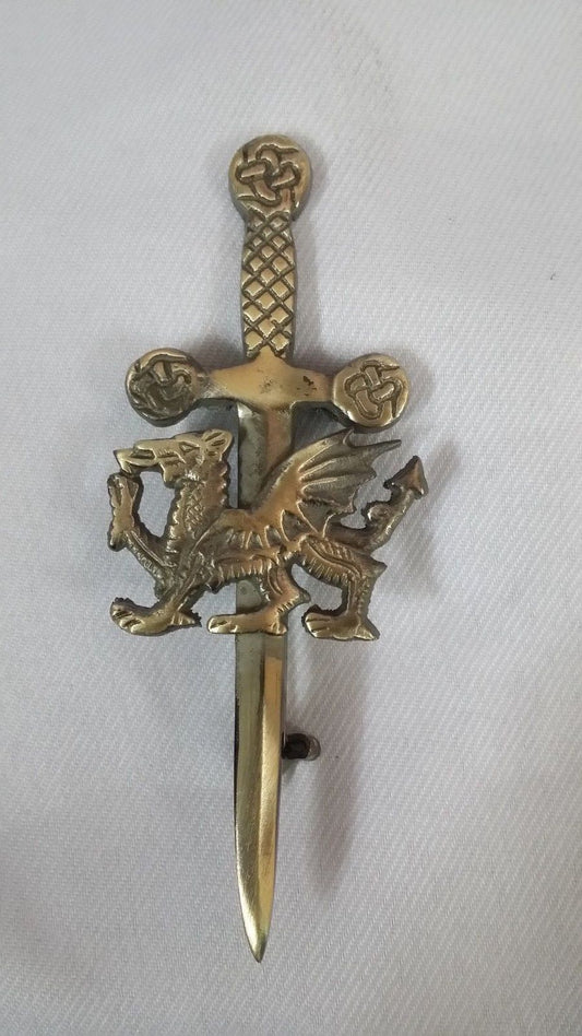 New Celtic Kilt Pin Welsh Dragon Antique Finish 4"/welsh Dragon kilt pin Sword