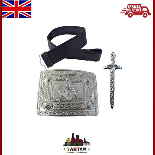 3-Piece Celtic Masonic Kilt Buckle Set – Leather Belt with Pins Included