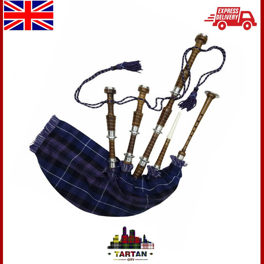 Scottish Highland Bagpipe - Natural Rosewood Silver Mounts Tartan Cover Free Bag