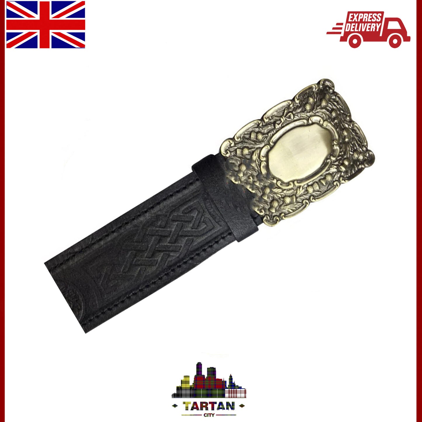 "Thistle Embossed Black Leather Kilt Belt with Piper Buckle - New"