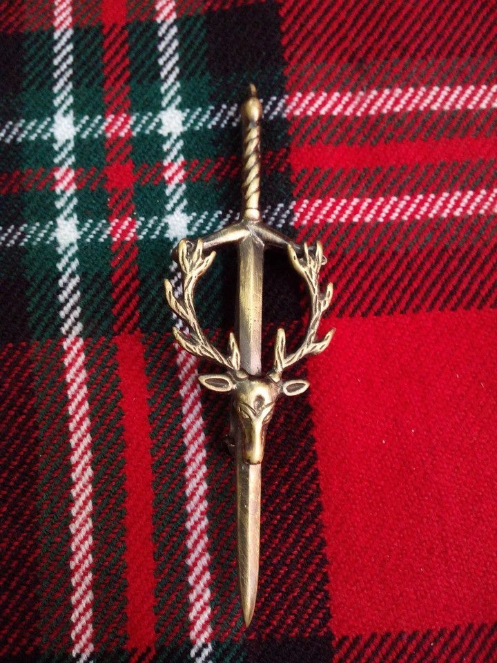 Scottish Stag Head Kilt Pin – 4" Length Antique, Black & Chrome Finish Options