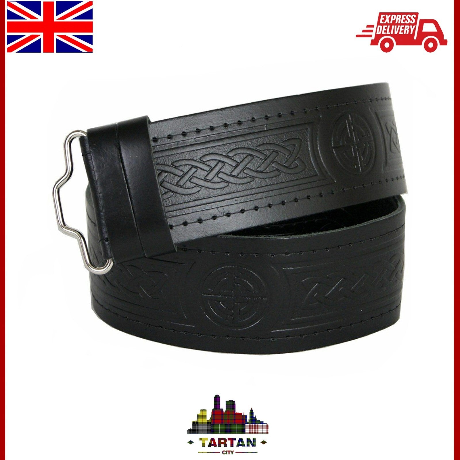 " TC Goffrato Nero Pelle Cintura Kilt - Celtic / Cardo / Massonico "