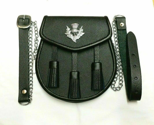 3 TASSELS&THISTLE SCOTTISH KILT SPORRAN REAL BLACK LEATHER + BELT 01-TC