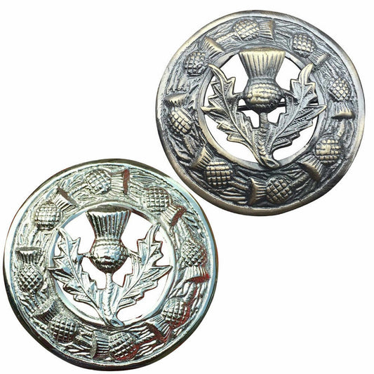 TC Thistle Brooch Brass for Kilt Fly Piper Plaid Antique/Chrome Finish 3"