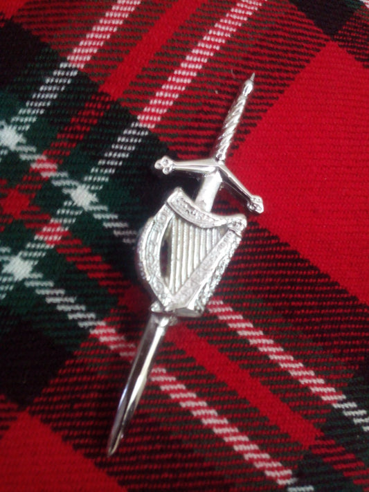 New Scottish Kilt Pin Celtic Irish Harp Chrome Finish/scottish Highland kilt pin
