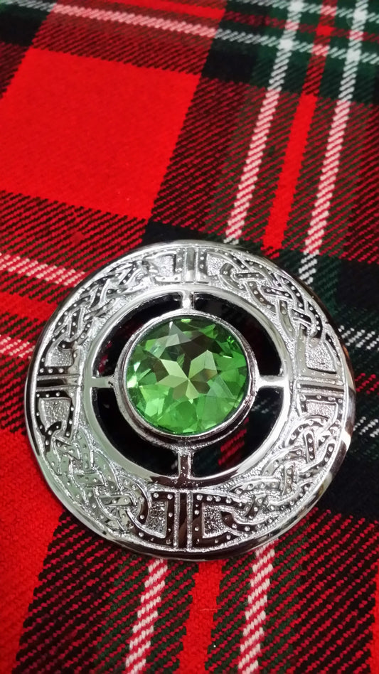 TC Fly Plaid Brooches Sea Green Stone Celtic Knot Work Chrome/Celtic Brooch 3"