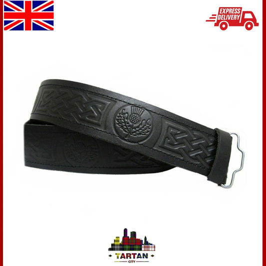 " TC en Relief Cuir Noir Ceinture Kilt - Celtique/Chardon/Maçonnique "