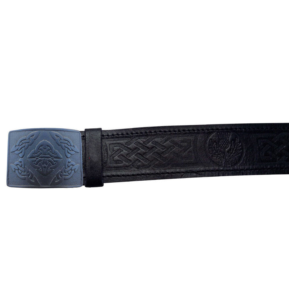 TC 100% Real Black Leather Kilt Belt Thistle Embossed Swirl Celtic Kilts Buckle