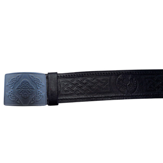 TC 100% Real Black Leather Kilt Belt Thistle Embossed Swirl Celtic Kilts Buckle