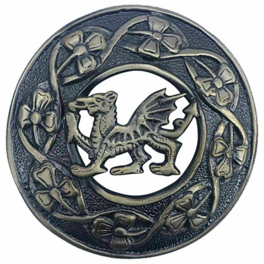 Scottish Welsh Dragon Kilt Fly Plaid Brooch Antique&Jet Black 3" (7cm)